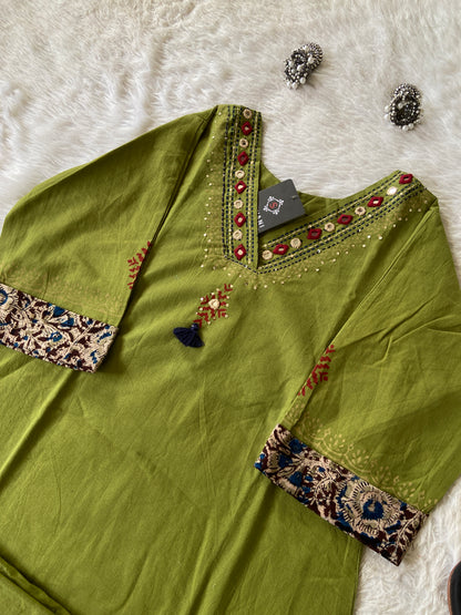 Cotton Aline Kurti With Kalamkari Patch And Block Print With Matching Pant. Cotton Kurti Sets For Women