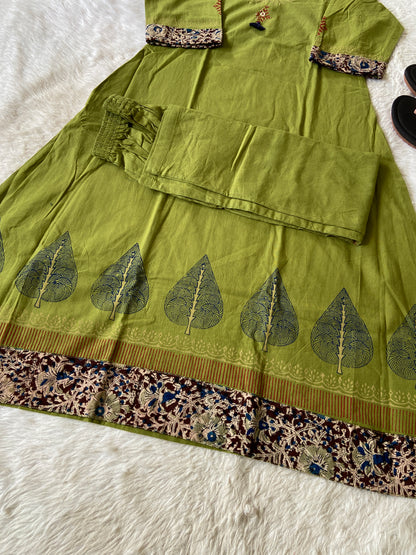 Cotton Aline Kurti With Kalamkari Patch And Block Print With Matching Pant. Cotton Kurti Sets For Women