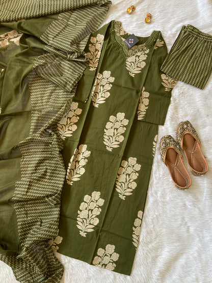Jaipuri Cotton Straightcut Kurti With Palazzo And Dupatta. Cotton Straight Suit Set For Women