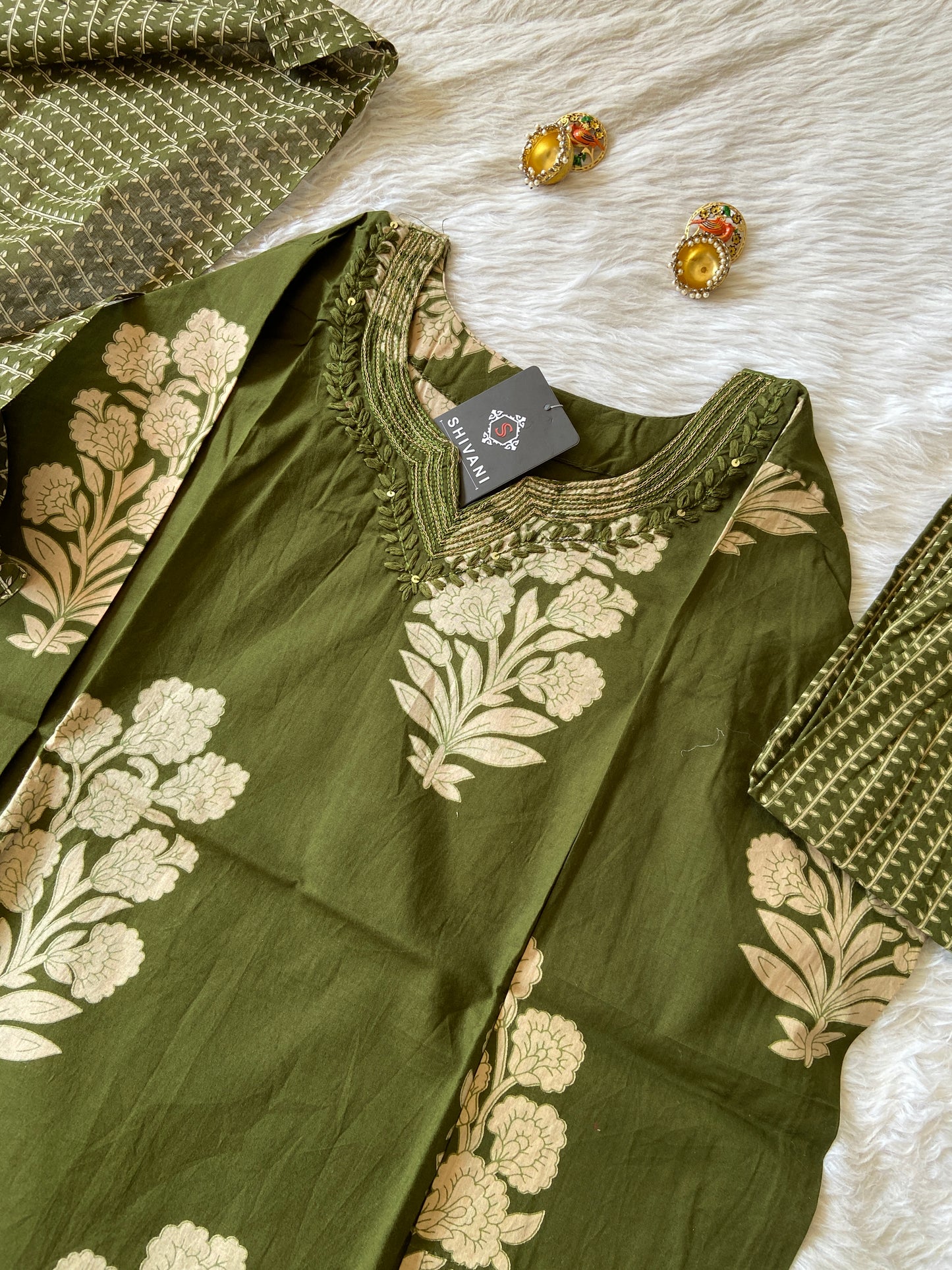 Jaipuri Cotton Straightcut Kurti With Palazzo And Dupatta. Cotton Straight Suit Set For Women