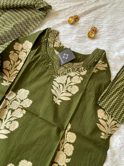 Jaipuri Cotton Straightcut Kurti With Palazzo And Dupatta. Cotton Straight Suit Set For Women
