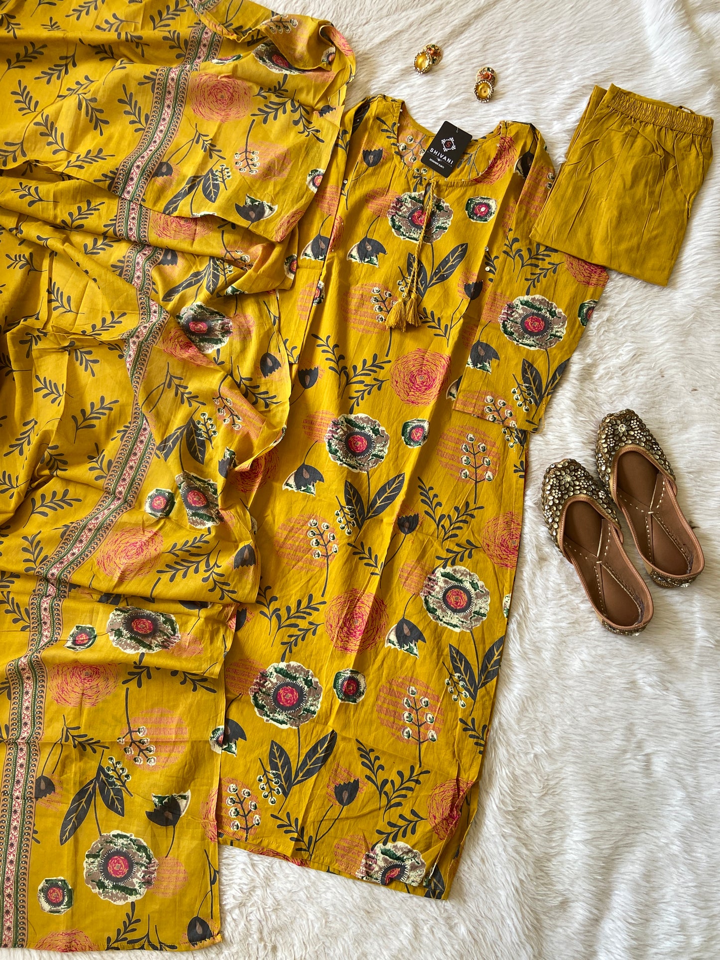 Jaipuri Cotton Straightcut Kurti With Palazzo And Dupatta. Cotton Straight Suit Set For Women