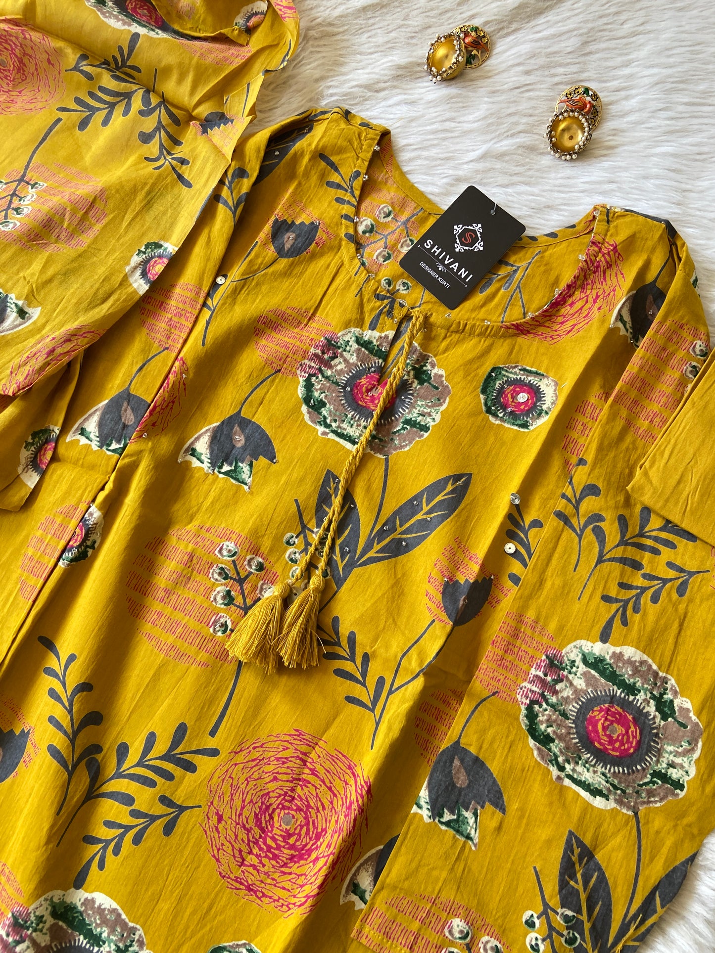 Jaipuri Cotton Straightcut Kurti With Palazzo And Dupatta. Cotton Straight Suit Set For Women