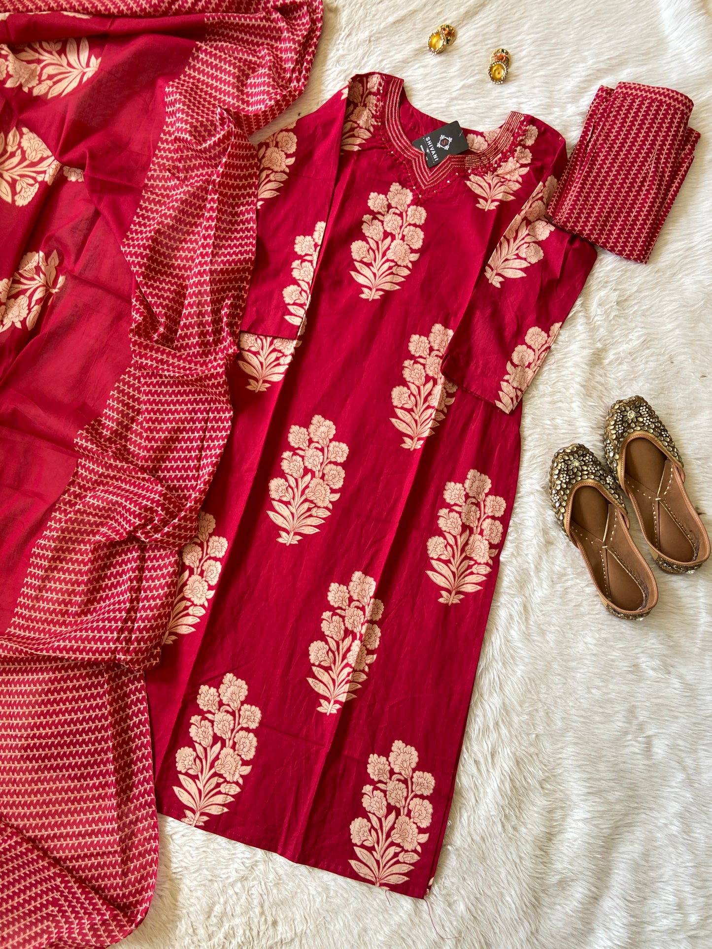Jaipuri Cotton Straightcut Kurti With Palazzo And Dupatta. Cotton Straight Suit Set For Women