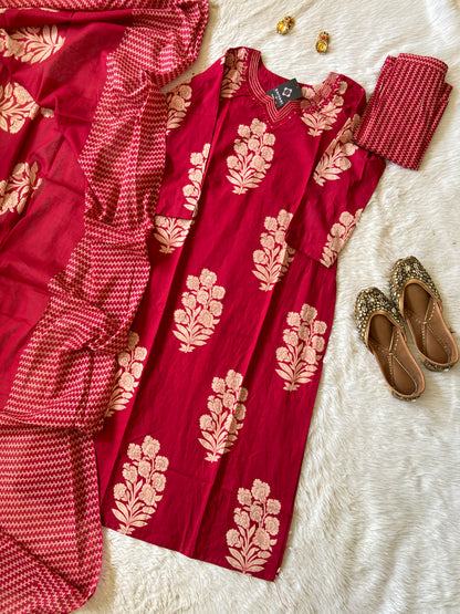 Jaipuri Cotton Straightcut Kurti With Palazzo And Dupatta. Cotton Straight Suit Set For Women