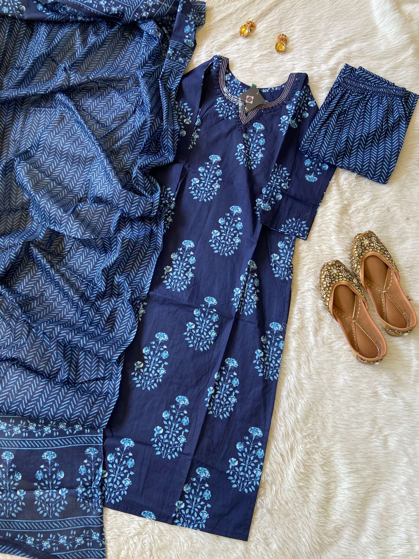 Jaipuri Cotton Straight Kurtis With Beautiful Embroidery Work In Neck With Palazzo And Dupatta. Cotton Suit Sets For Women Online India. Shop the Latest Festive Summer Collection at Shivani Designer Kurti.