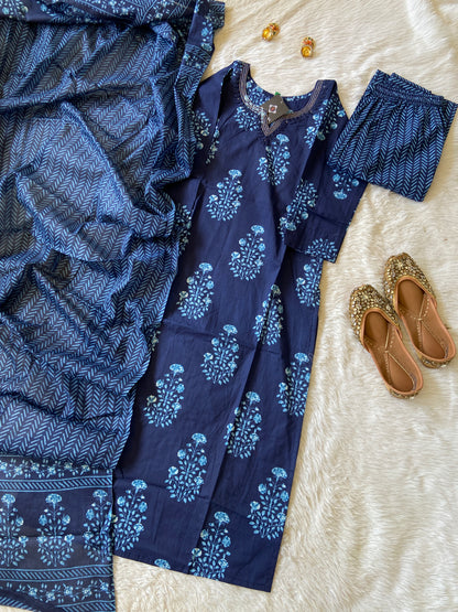 Jaipuri Cotton Straight Kurtis With Beautiful Embroidery Work In Neck With Palazzo And Dupatta. Cotton Suit Sets For Women Online India. Shop the Latest Festive Summer Collection at Shivani Designer Kurti.