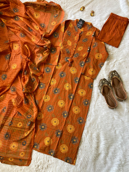 Jaipuri Cotton Straightcut Kurti With Palazzo And Dupatta. Cotton Straight Suit Set For Women