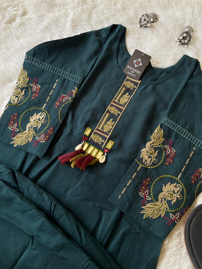 Rayon Kurti With Beautiful Work In Sleeve And With Matching Pant. Rayon Kurti Sets For Women.