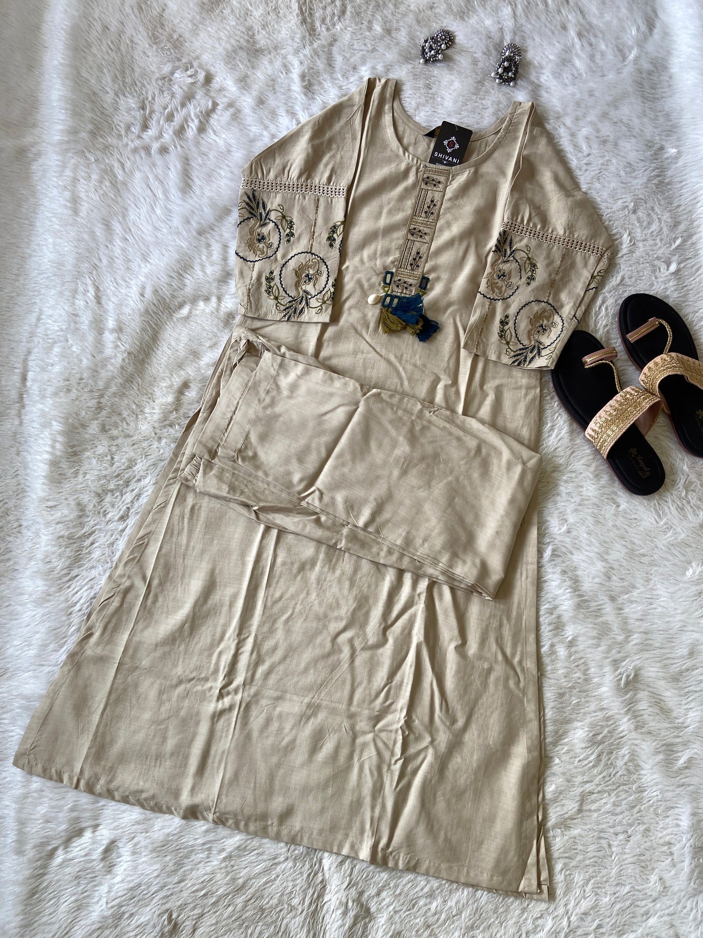 Rayon Kurti With Beautiful Work In Sleeve And With Matching Pant. Rayon Kurti Sets For Women.