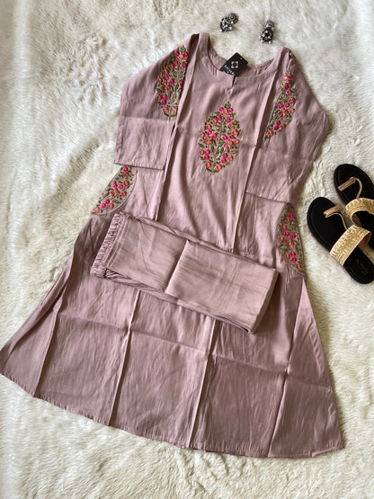 VNeck Silk Aline Kurti With Palazzo, Silk Aline Kurti Sets For Women