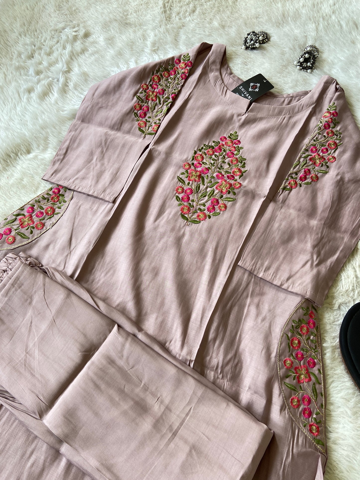 VNeck Silk Aline Kurti With Palazzo, Silk Aline Kurti Sets For Women