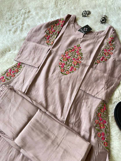 VNeck Silk Aline Kurti With Palazzo, Silk Aline Kurti Sets For Women