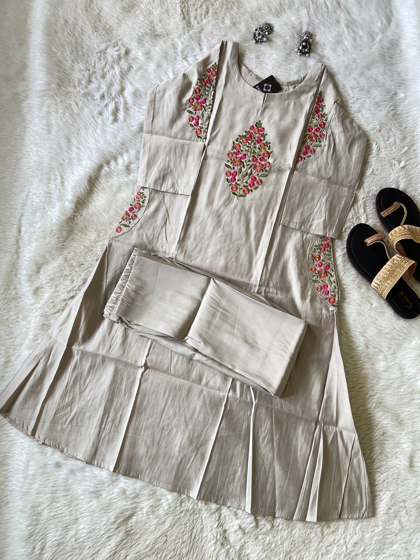 VNeck Silk Aline Kurti With Palazzo, Silk Aline Kurti Sets For Women