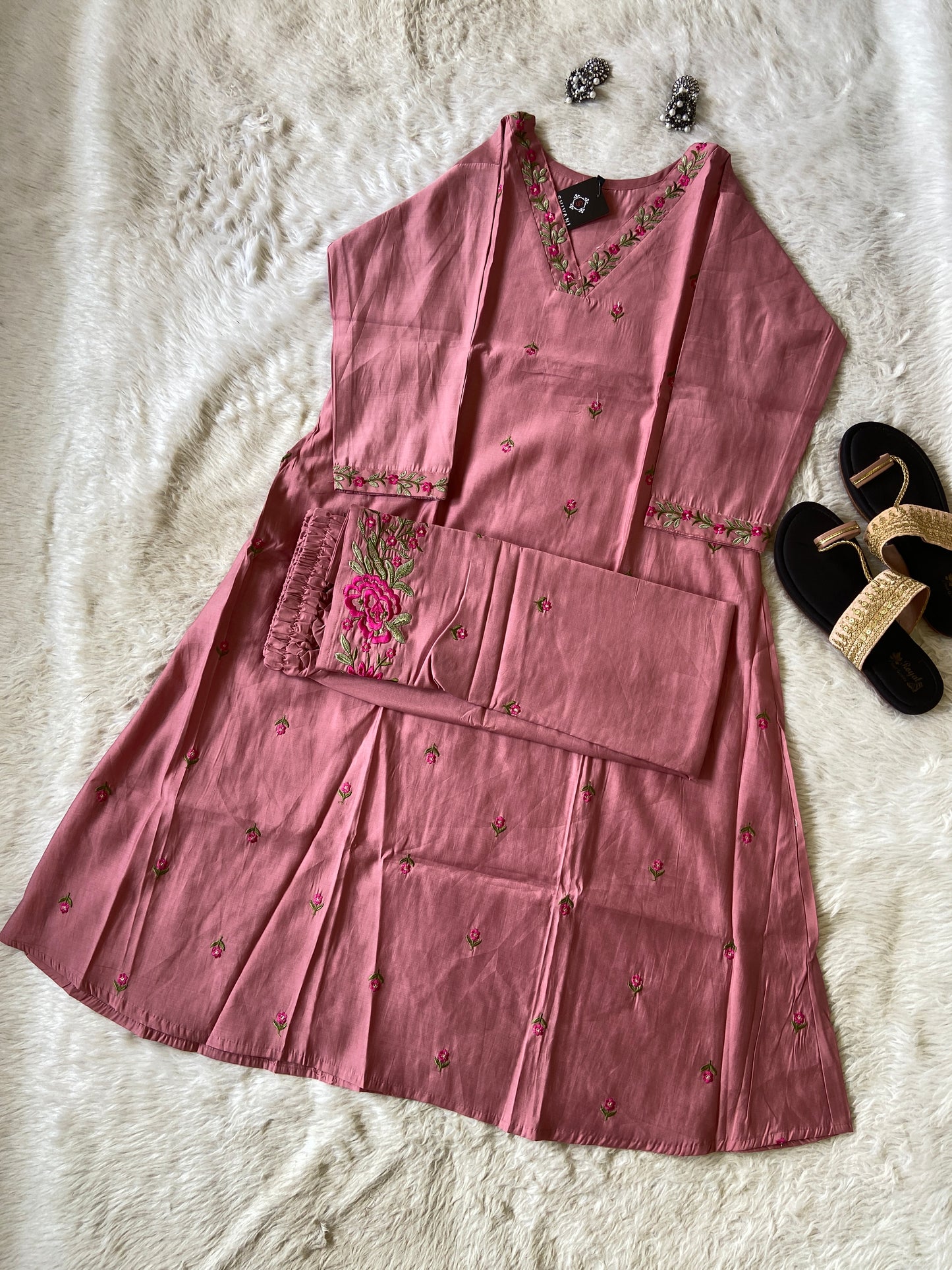 VNeck Silk Aline Kurti With Palazzo, Silk Aline Kurti Sets For Women