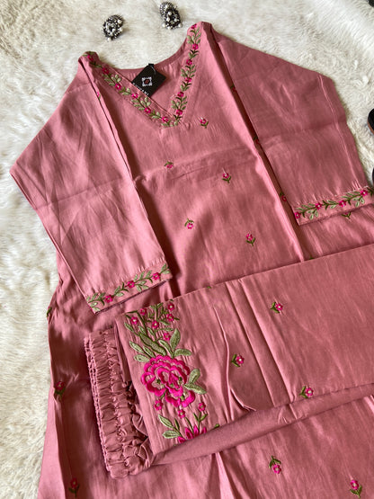 VNeck Silk Aline Kurti With Palazzo, Silk Aline Kurti Sets For Women