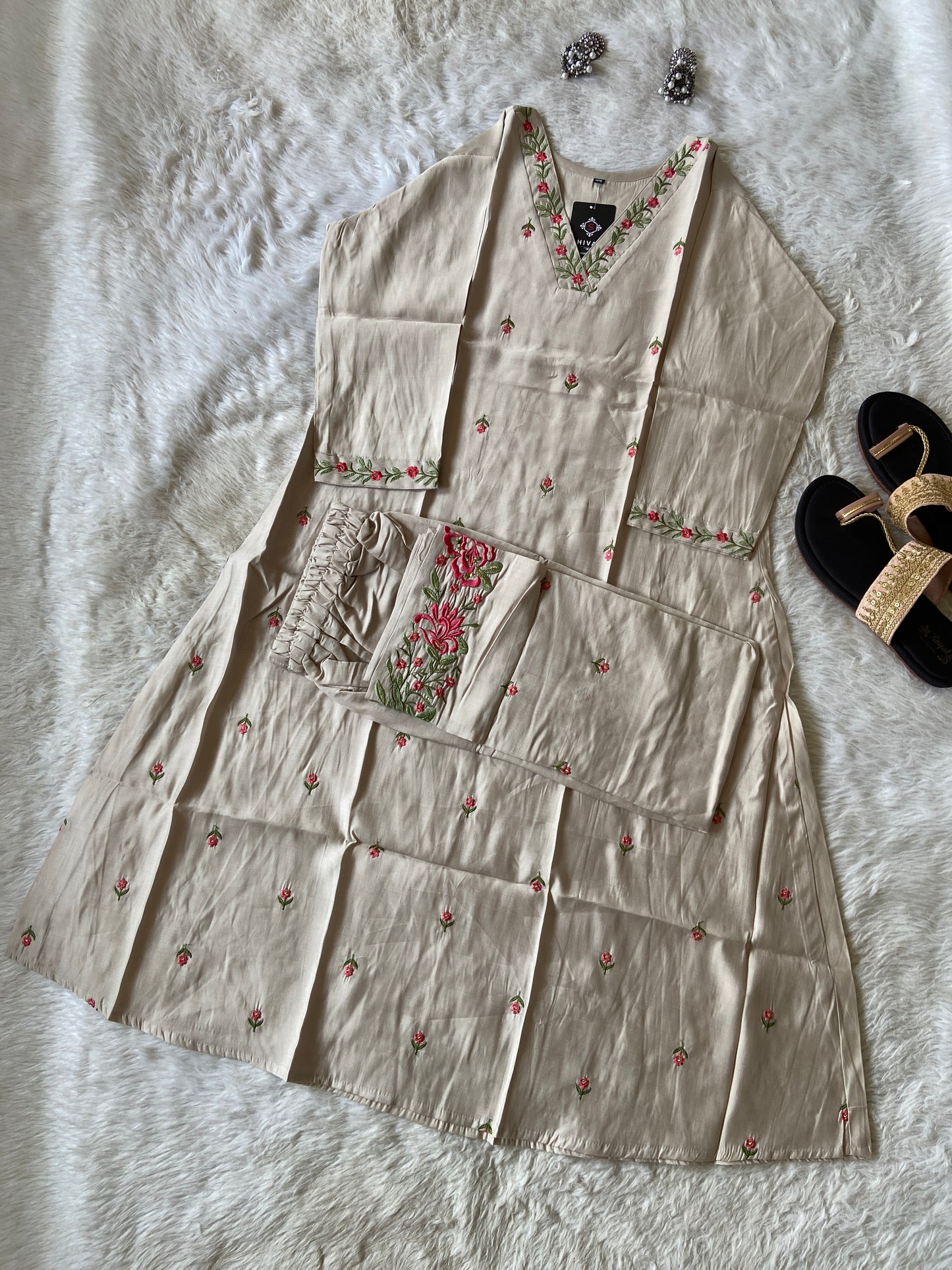 VNeck Silk Aline Kurti With Palazzo, Silk Aline Kurti Sets For Women