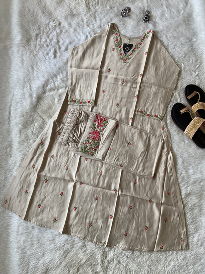 VNeck Silk Aline Kurti With Palazzo, Silk Aline Kurti Sets For Women