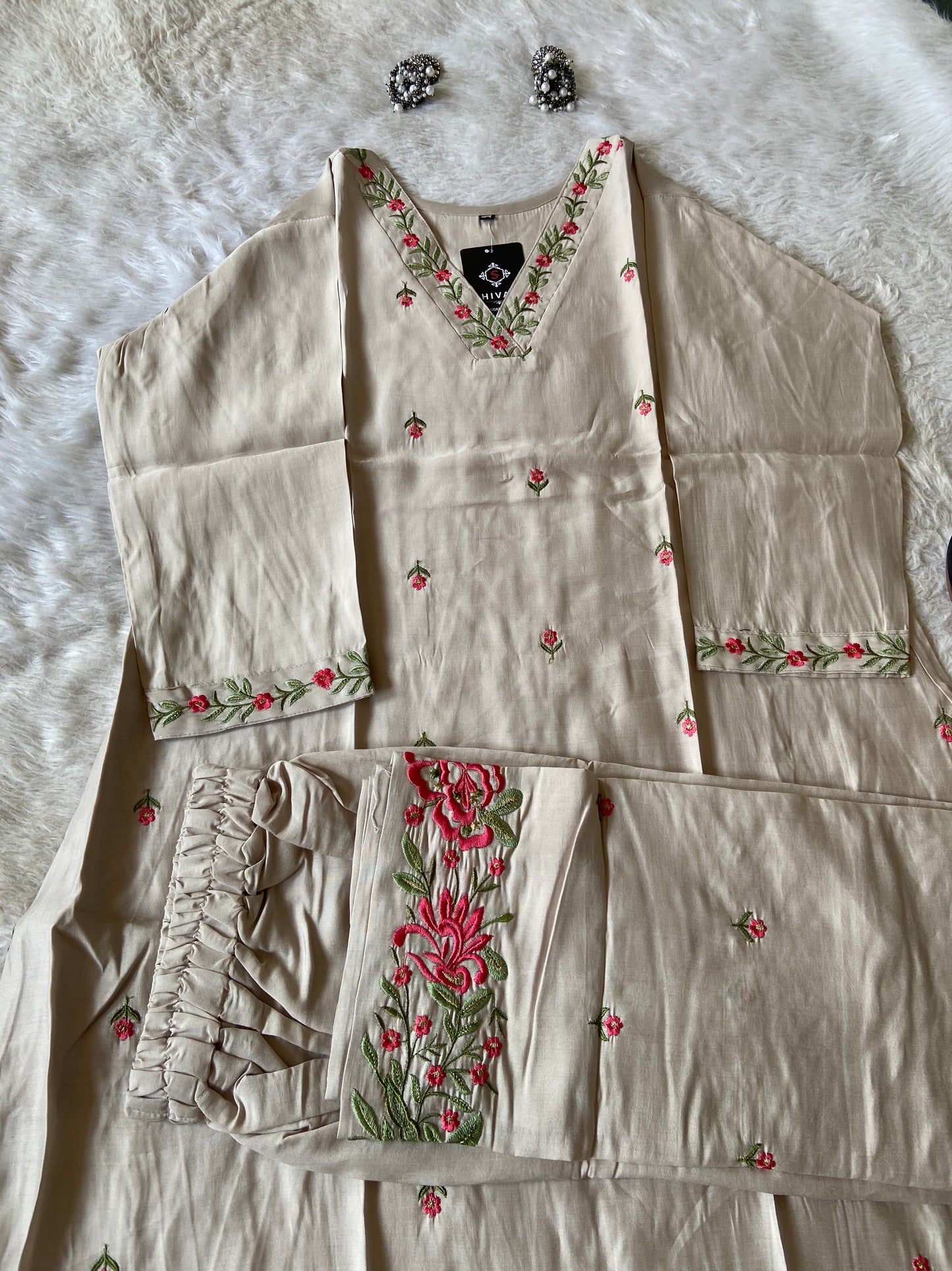 VNeck Silk Aline Kurti With Palazzo, Silk Aline Kurti Sets For Women