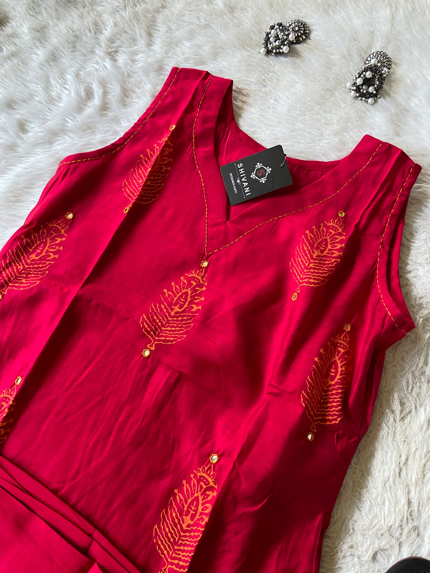 Sleeveless Aline Kurti With Block Print And Matching Palazzo, Sleeve Attched 3/4th. Silk Aline Kurti Sets For Women.