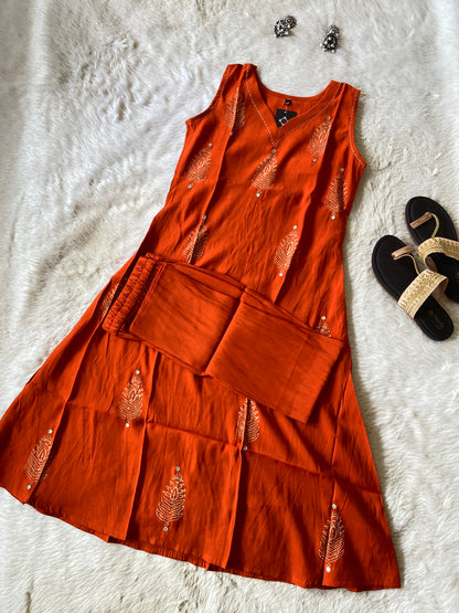 Sleeveless Aline Kurti With Block Print And Matching Palazzo, Sleeve Attched 3/4th. Silk Aline Kurti Sets For Women.