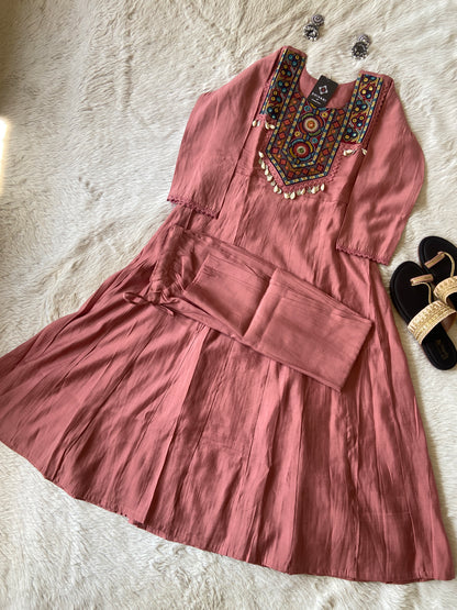 Silk Anarkali Kurti With Work In Neck And Palazzo. Anarakali Kurti Sets For Women
