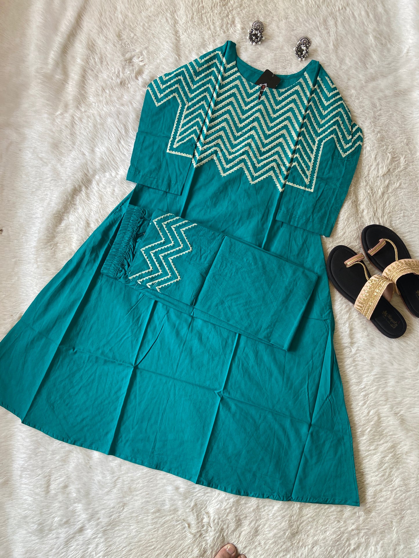 Cotton Aline Kurti With Beautiful Work In Neck, Sleeve And Palazzo. Aline Kurti Sets For Women.
