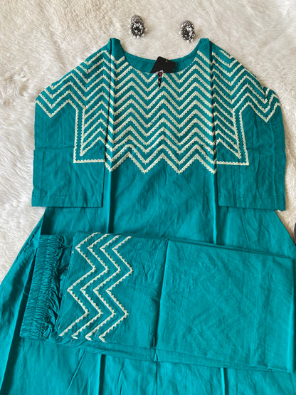 Cotton Aline Kurti With Beautiful Work In Neck, Sleeve And Palazzo. Aline Kurti Sets For Women.