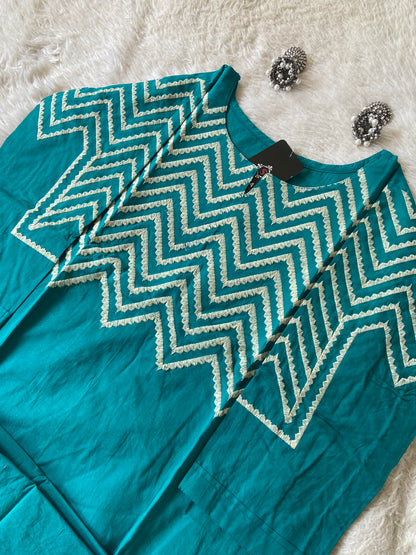 Cotton Aline Kurti With Beautiful Work In Neck, Sleeve And Palazzo. Aline Kurti Sets For Women.