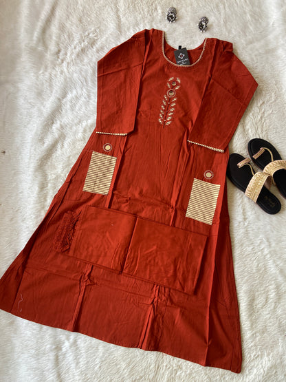 Cotton Aline Kurti With Palazzo. (Gamthi Pair). Cotton Aline Kurti Sets For Women.