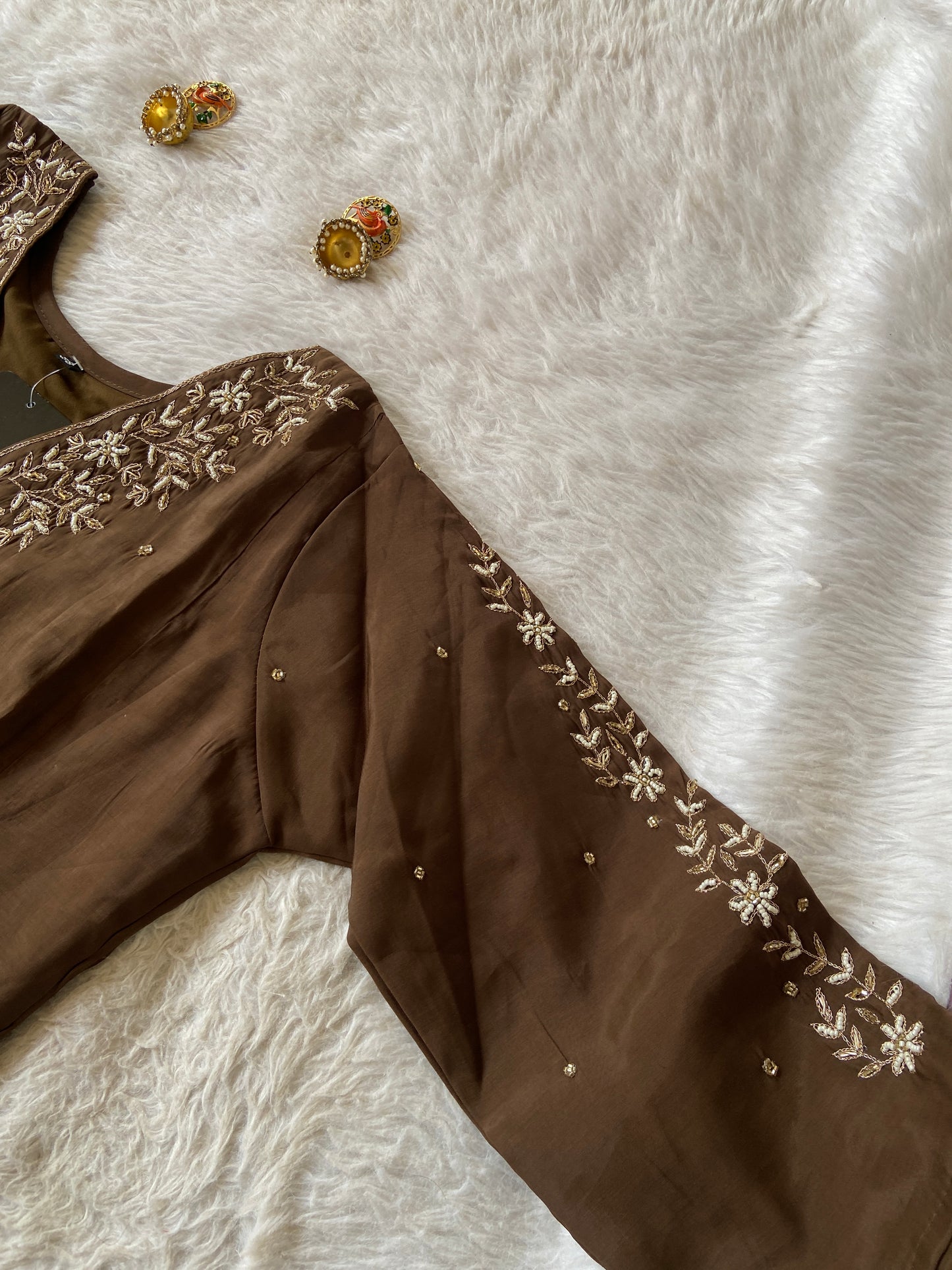 Aline Kurti With Bead Work In Neck And Sleeve, Pant With Dupatta. Aline Silk Suit Sets For Women.