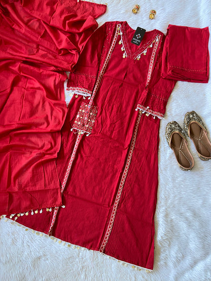 Cowrie Shells Work In Neck, Sleeve And Dupatta. (Mobile Pocket, With No Real Mirror). Its Come With Palazzo And Dupatta. Cotton Premium Collection. Cotton Straight Suit Sets For Women.