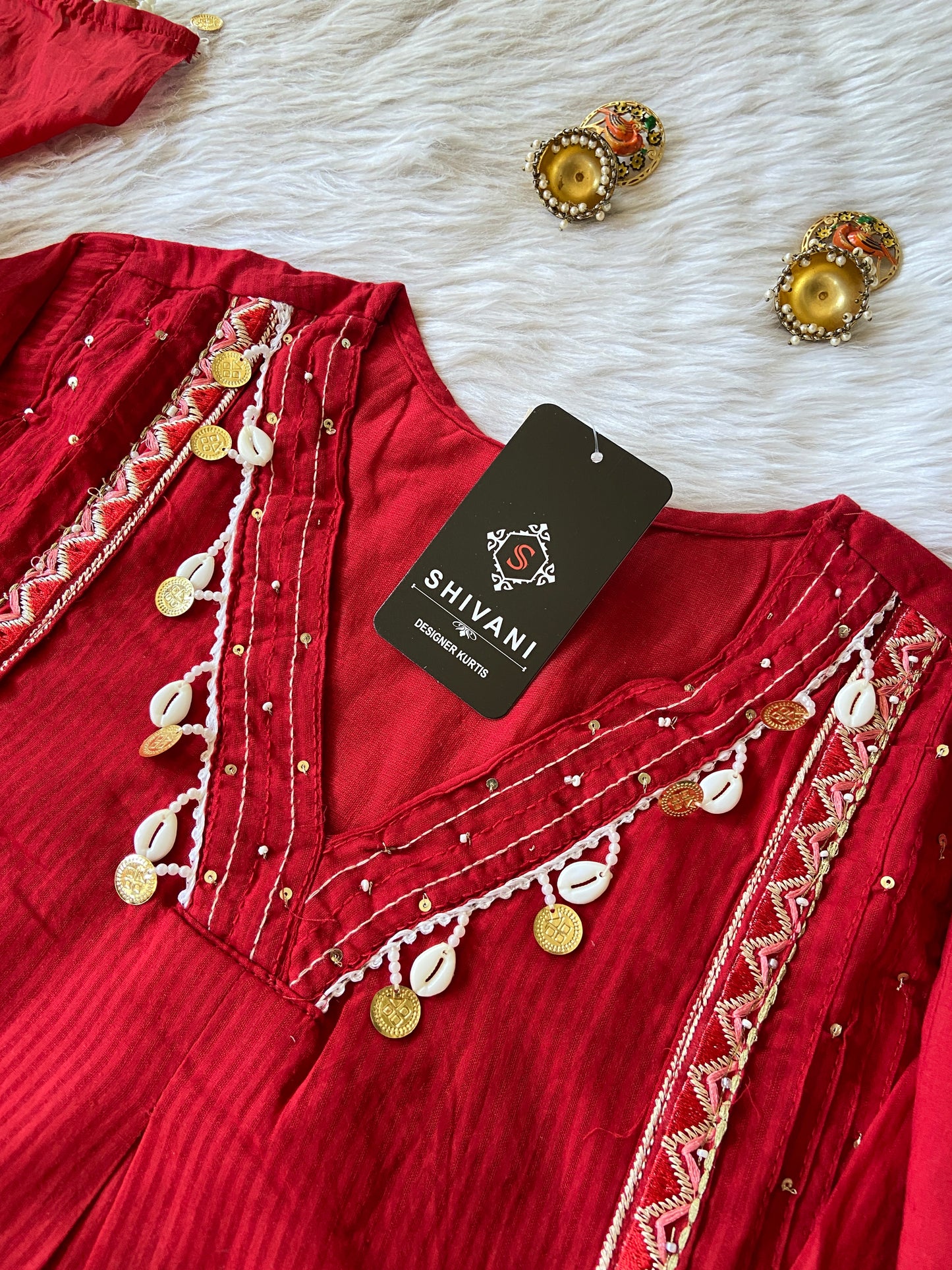 Cowrie Shells Work In Neck, Sleeve And Dupatta. (Mobile Pocket, With No Real Mirror). Its Come With Palazzo And Dupatta. Cotton Premium Collection. Cotton Straight Suit Sets For Women.