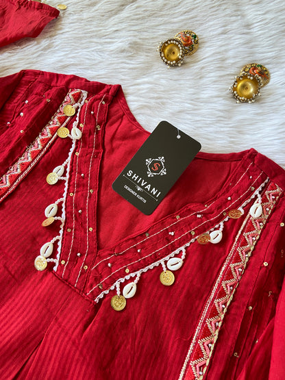 Cowrie Shells Work In Neck, Sleeve And Dupatta. (Mobile Pocket, With No Real Mirror). Its Come With Palazzo And Dupatta. Cotton Premium Collection. Cotton Straight Suit Sets For Women.