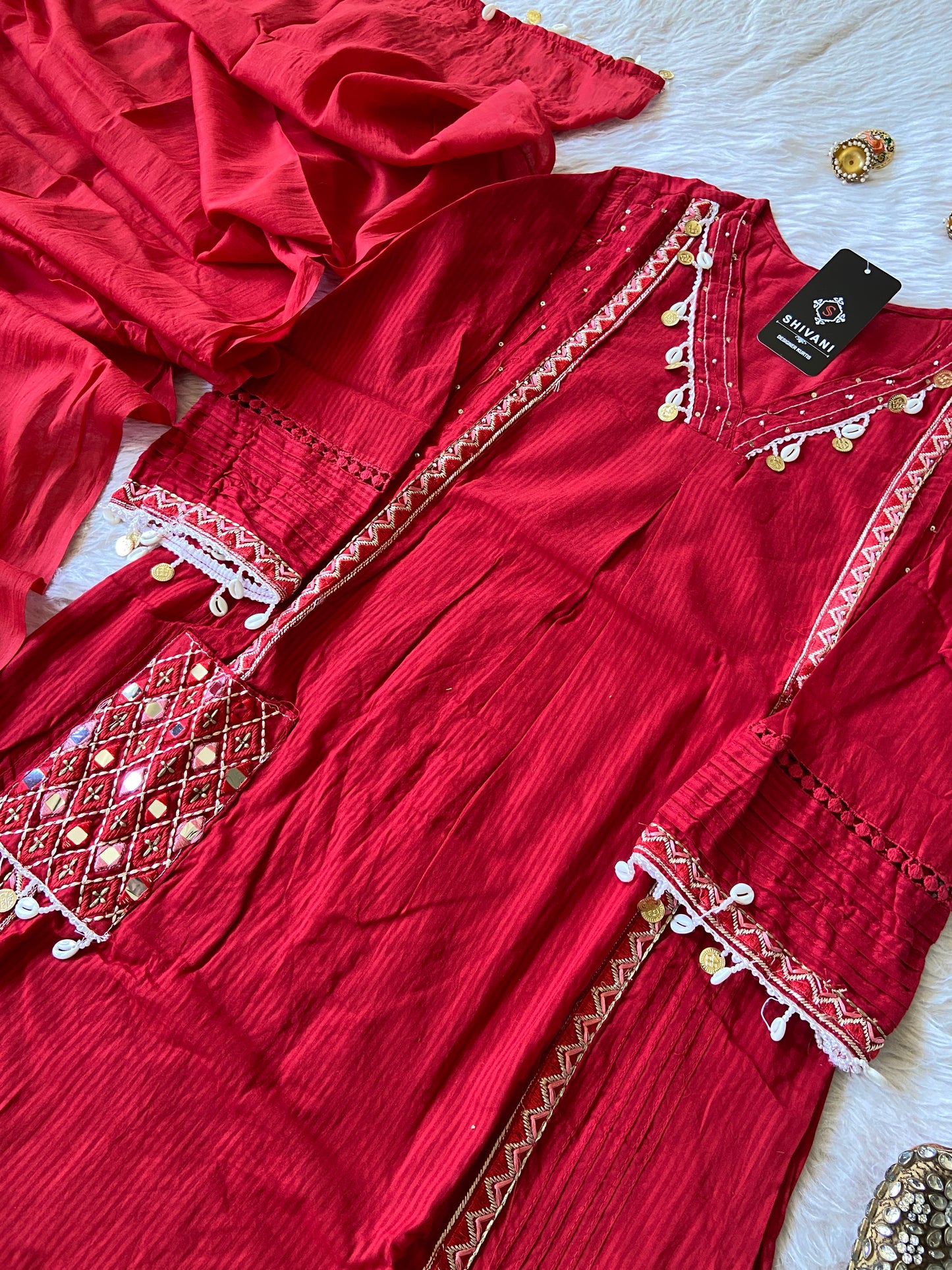 Cowrie Shells Work In Neck, Sleeve And Dupatta. (Mobile Pocket, With No Real Mirror). Its Come With Palazzo And Dupatta. Cotton Premium Collection. Cotton Straight Suit Sets For Women.