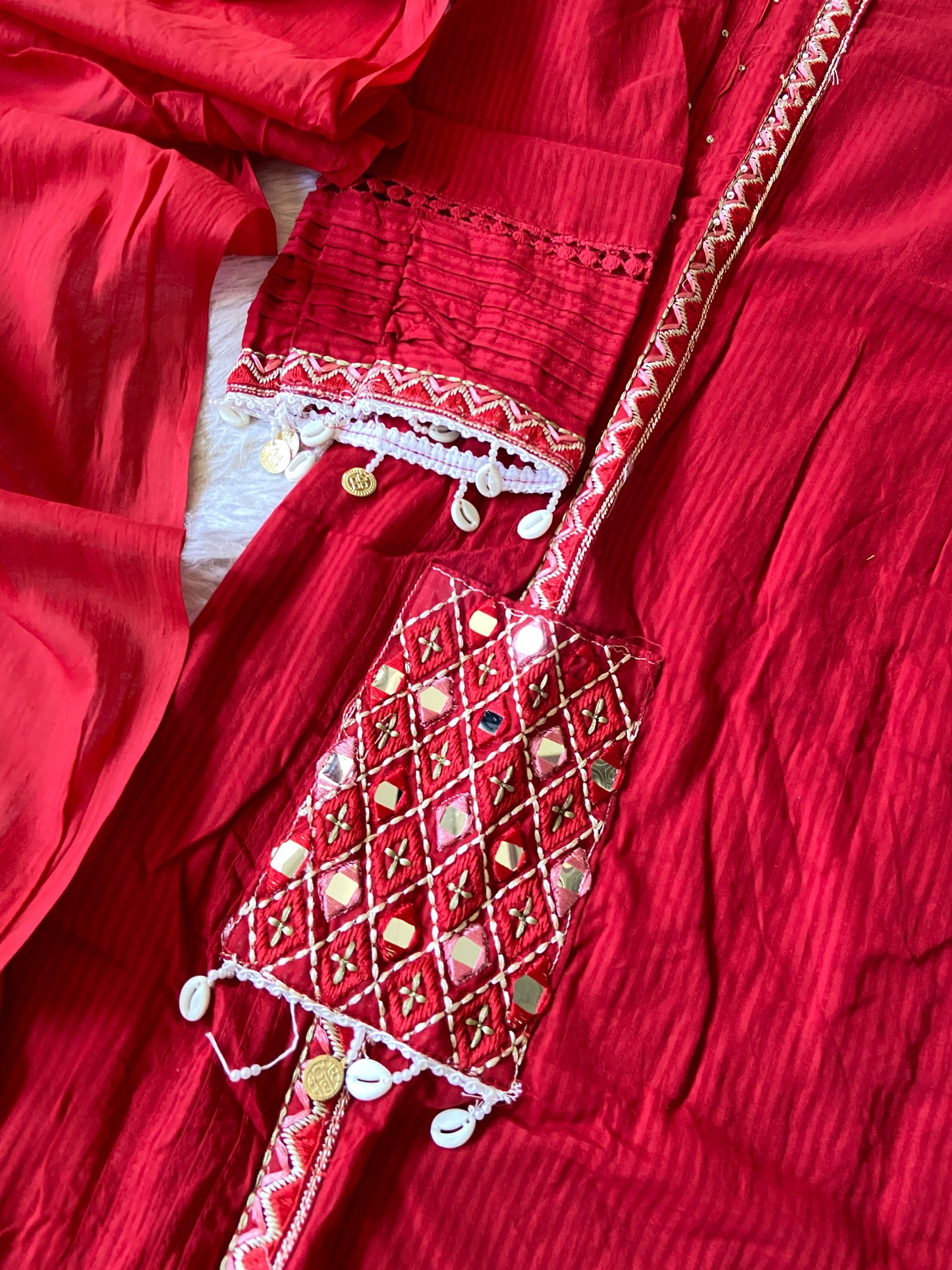 Cowrie Shells Work In Neck, Sleeve And Dupatta. (Mobile Pocket, With No Real Mirror). Its Come With Palazzo And Dupatta. Cotton Premium Collection. Cotton Straight Suit Sets For Women.