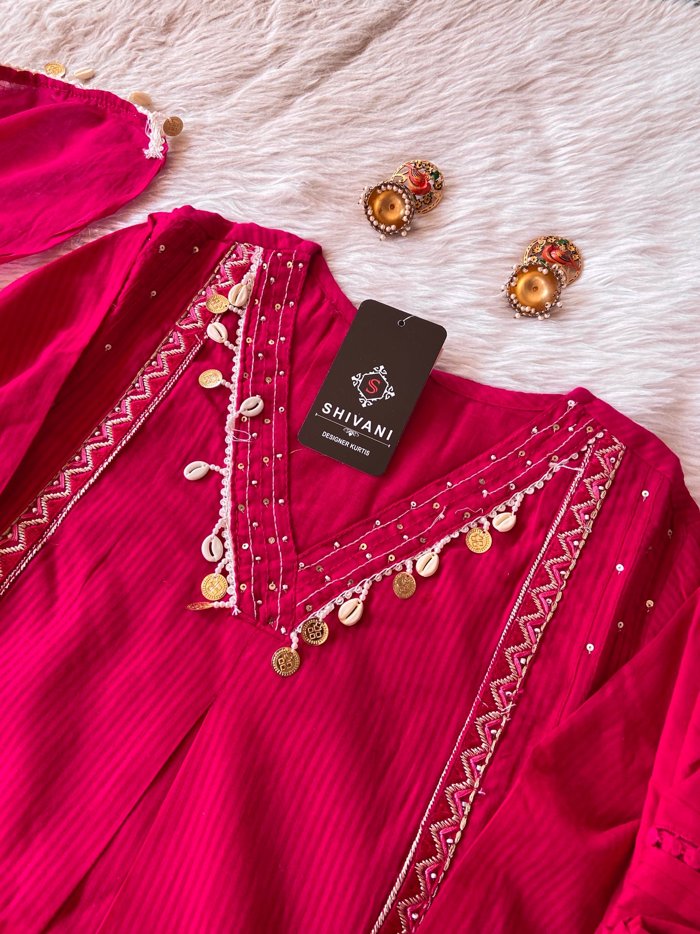Cowrie Shells Work In Neck, Sleeve And Dupatta. (Mobile Pocket, With No Real Mirror). Its Come With Palazzo And Dupatta. Cotton Premium Collection. Cotton Straight Suit Sets For Women.