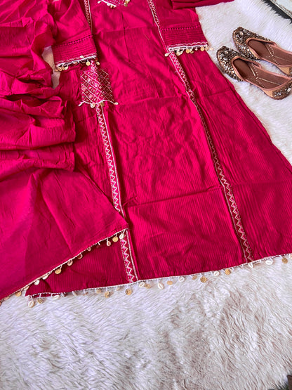 Cowrie Shells Work In Neck, Sleeve And Dupatta. (Mobile Pocket, With No Real Mirror). Its Come With Palazzo And Dupatta. Cotton Premium Collection. Cotton Straight Suit Sets For Women.