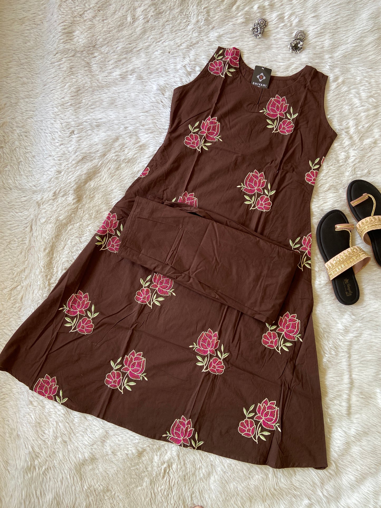 Cotton Flower Embroidery Work Aline Sleeveless Kurti (3/4th Attached) With Full Flair Palazzo. Cotton Aline Kurti Sets For Women.