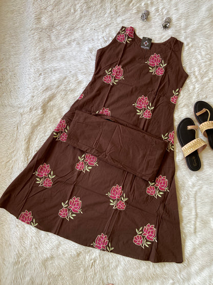 Cotton Flower Embroidery Work Aline Sleeveless Kurti (3/4th Attached) With Full Flair Palazzo. Cotton Aline Kurti Sets For Women.