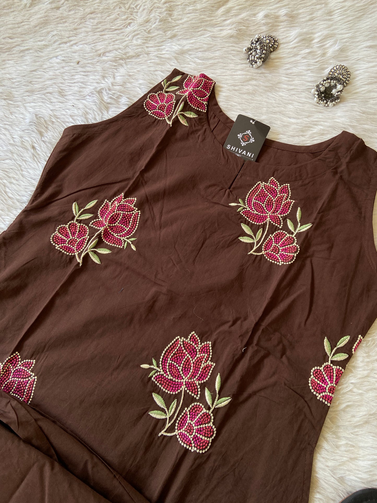 Cotton Flower Embroidery Work Aline Sleeveless Kurti (3/4th Attached) With Full Flair Palazzo. Cotton Aline Kurti Sets For Women.
