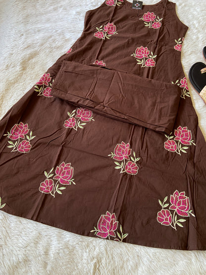 Cotton Flower Embroidery Work Aline Sleeveless Kurti (3/4th Attached) With Full Flair Palazzo. Cotton Aline Kurti Sets For Women.