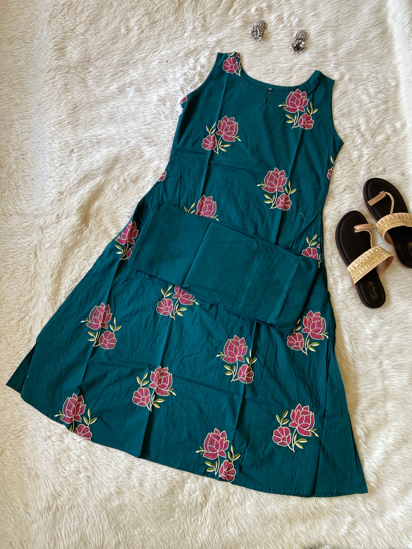 Cotton Flower Embroidery Work Aline Sleeveless Kurti (3/4th Attached) With Full Flair Palazzo. Cotton Aline Kurti Sets For Women.