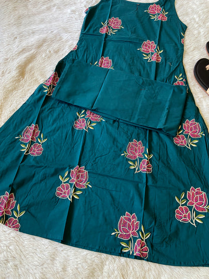 Cotton Flower Embroidery Work Aline Sleeveless Kurti (3/4th Attached) With Full Flair Palazzo. Cotton Aline Kurti Sets For Women.