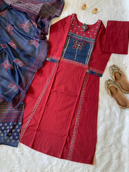 Cotton Kurti With Pant And Dupatta (Gamthi Pair). Cotton Straight Kurti Suit Sets For Women.