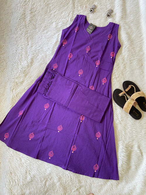 Cotton Sleeveless Aline Kurti With Palazzo (3/4th Sleeve Attached). Cotton Aline Kurti Sets For Women.