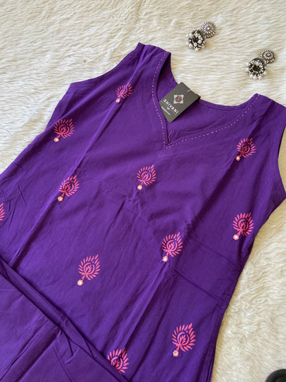 Cotton Sleeveless Aline Kurti With Palazzo (3/4th Sleeve Attached). Cotton Aline Kurti Sets For Women.