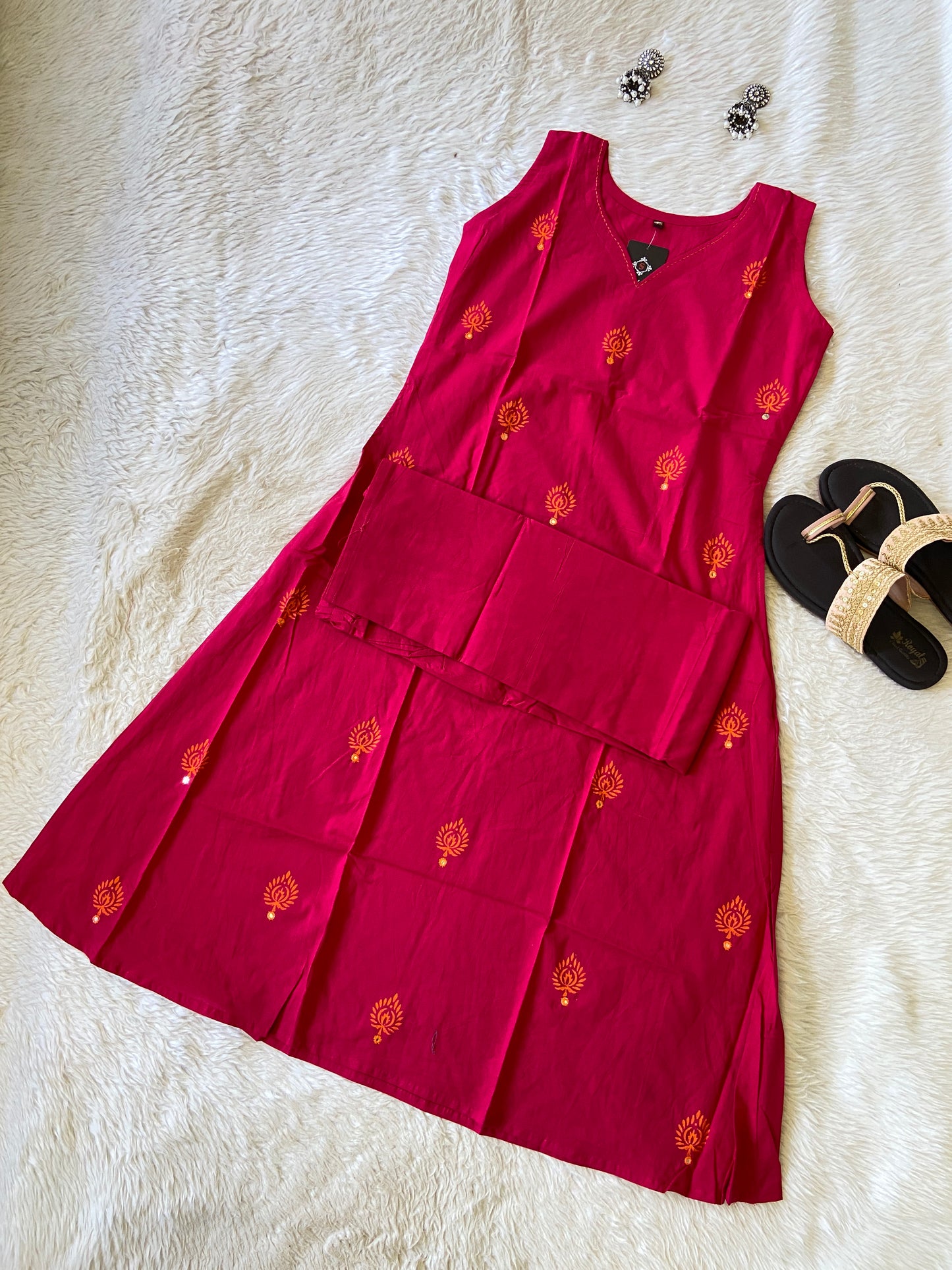 Cotton Sleeveless Aline Kurti With Palazzo (3/4th Sleeve Attached). Cotton Aline Kurti Sets For Women.