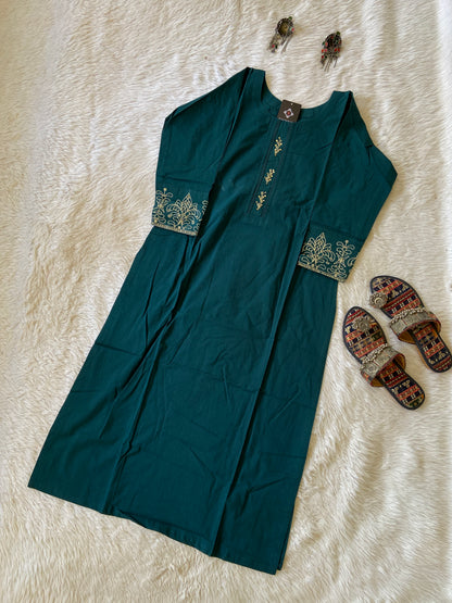 Cotton Straight Cut Kurti With Work In Sleeve. Cotton Kurti For Women.