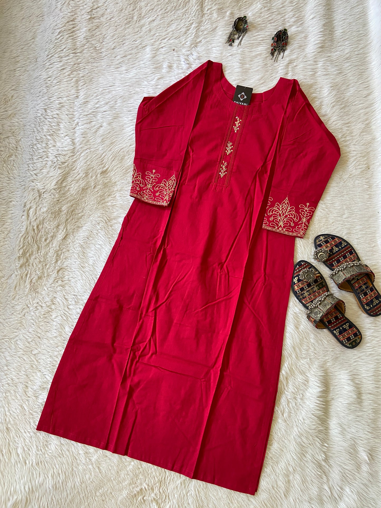 Cotton Straight Cut Kurti With Work In Sleeve. Cotton Kurti For Women.